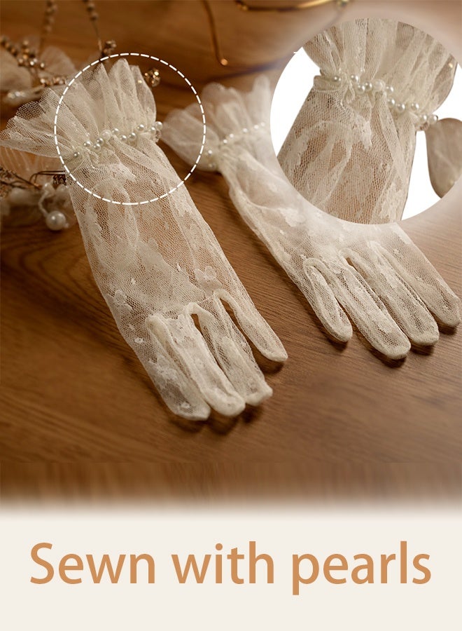 Short Lace Mesh Gloves Tulle Border Pearl Wedding Opera Tea Party Gloves Women's Formal - Image 4