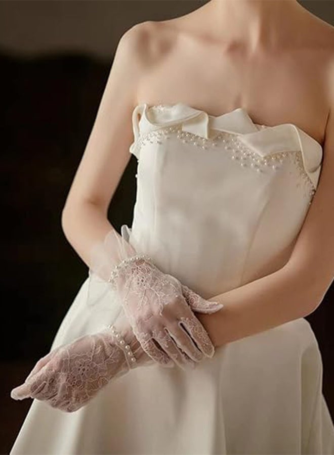 Short Lace Mesh Gloves Tulle Border Pearl Wedding Opera Tea Party Gloves Women's Formal - Image 3