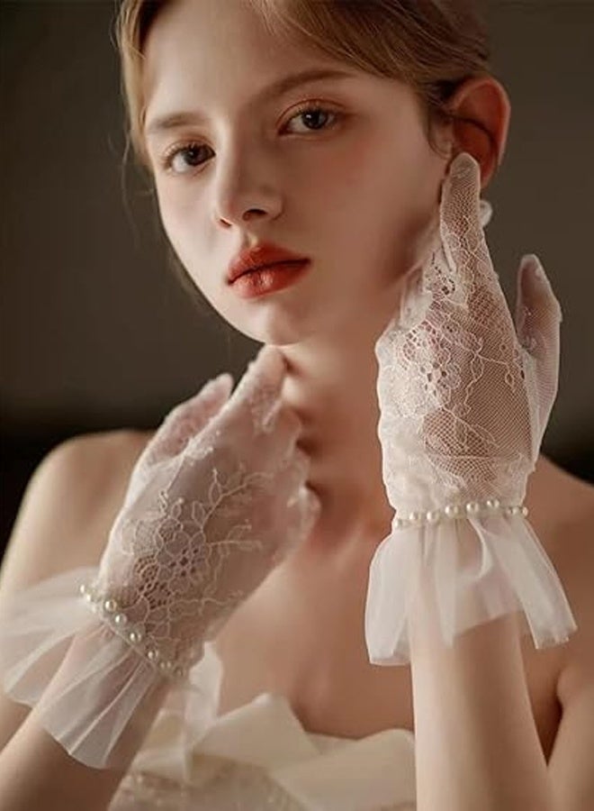 Short Lace Mesh Gloves Tulle Border Pearl Wedding Opera Tea Party Gloves Women's Formal - Image 2