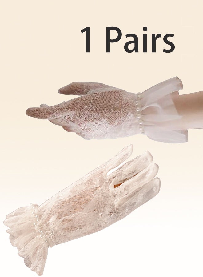 Short Lace Mesh Gloves Tulle Border Pearl Wedding Opera Tea Party Gloves Women's Formal - Image 1