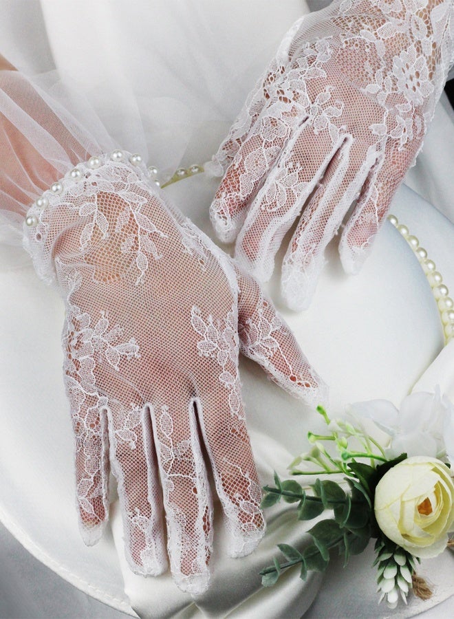Short Lace Mesh Gloves Tulle Border Pearl Wedding Opera Tea Party Gloves Women's Formal - Image 5