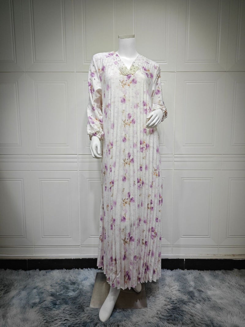 AB546 Fashion Printed Pleated Long Sleeve Dress with Beaded Details - Casual Jalabiya