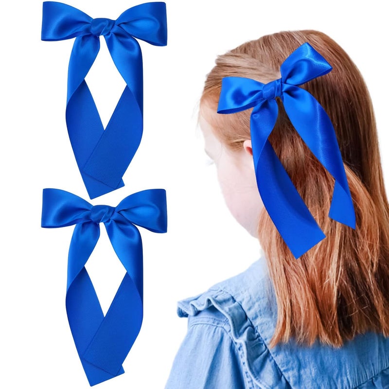 NCMAMA 2Pcs Long Ribbon Hair Bows for Girls Hair Clip Silk Hair Bow Ribbon Hair Accessories for Baby Toddlers Infant Teens Kids Blue
