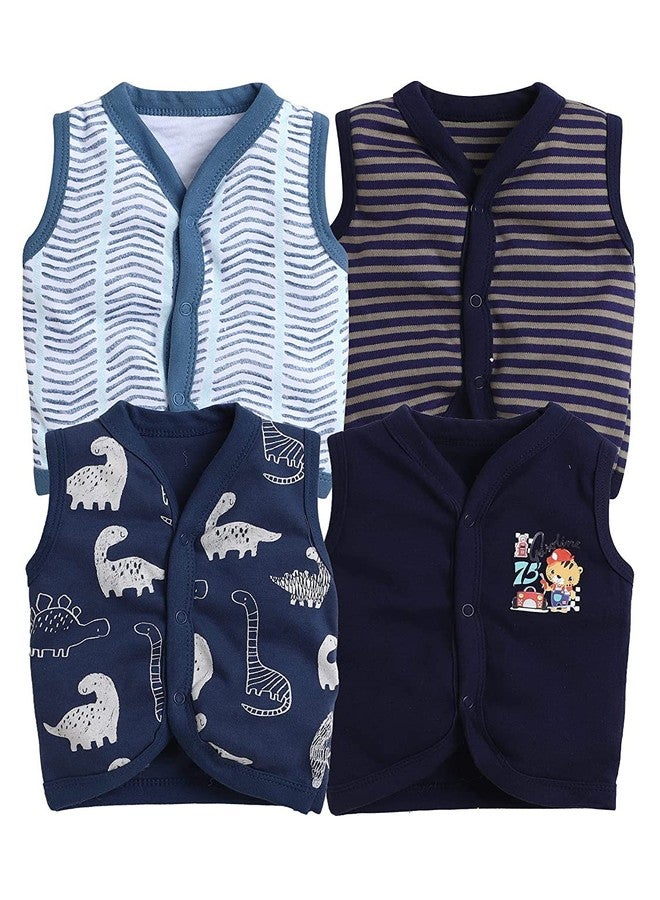 TiniBerry Baby Boy's & Baby Girl's Cotton Front Open Sleeveless Vest Tees (Pack of 4) (3-6 Months, Nevy Blue) - Image 1