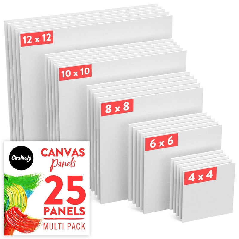 Chalkola Paint Canvases for Painting Multipack 25 Pack Square Canvas Panels 4x4 6x6 8x8 10x10 12x12 inch 5 Each 100 Cotton Primed Acid Free Art Canvas Boards for Painting