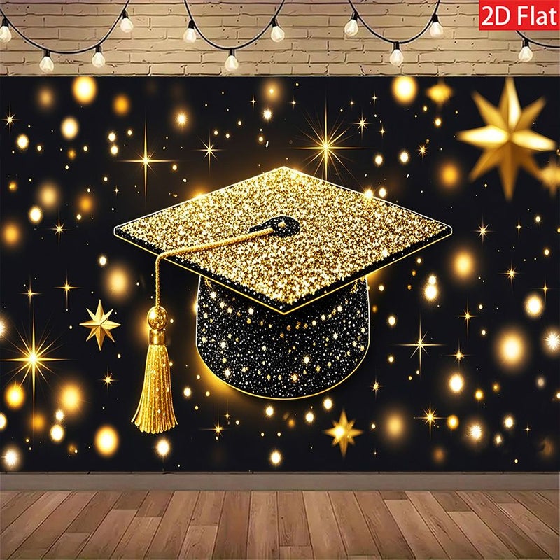 2D Flat Graduation Party Banner Golden Graduation Cap Background 180 x 110 cm - Image 1