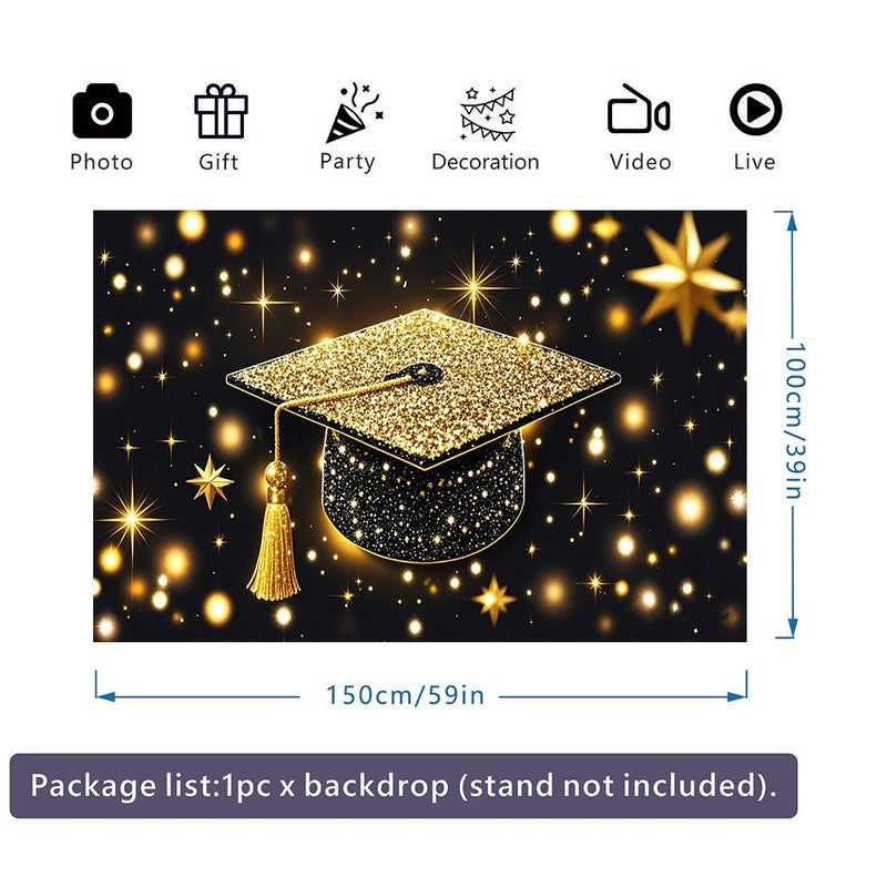 2D Flat Graduation Party Banner Golden Graduation Cap Background 180 x 110 cm - Image 2