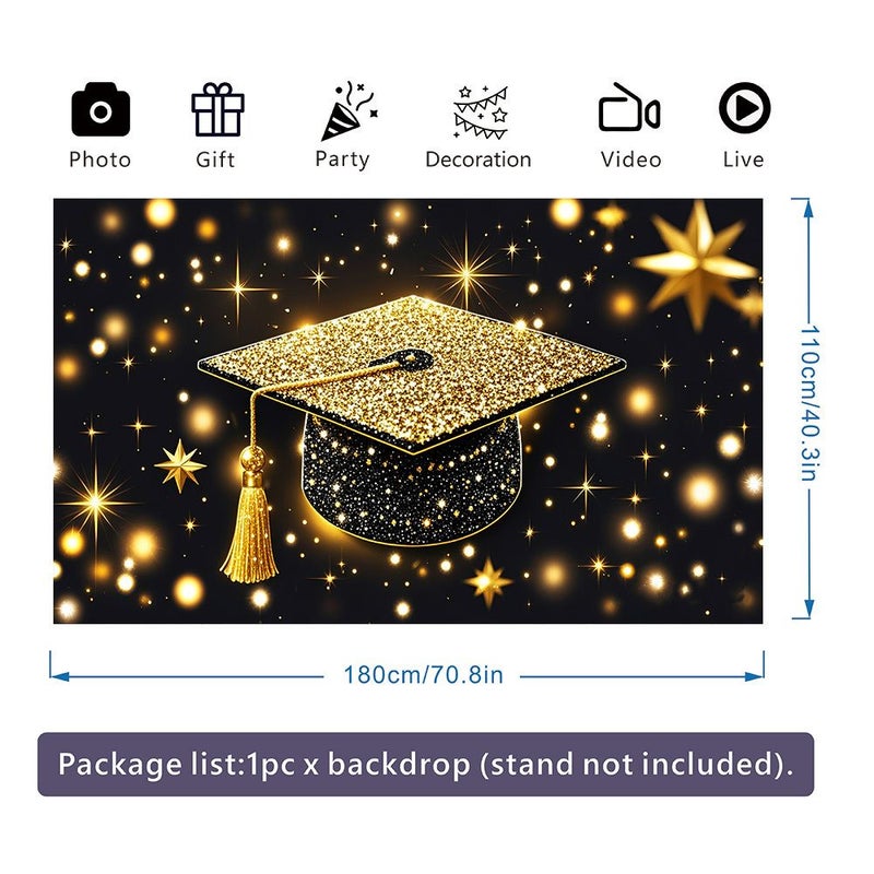 2D Flat Graduation Party Banner Golden Graduation Cap Background 180 x 110 cm - Image 3
