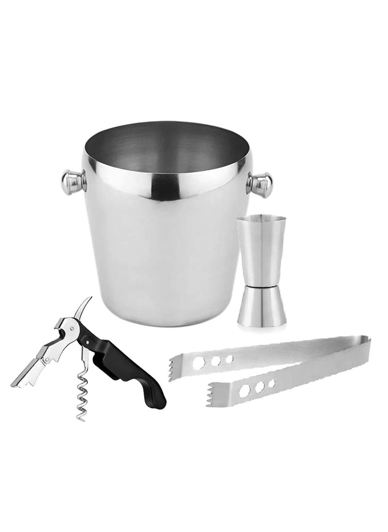 FINALITY FINALITY 4 Piece Bar Set Stainless Steel Single Wall Ice Bucket 1200 ml with Ice Tong and Wine Bottle Corkscrew Opener Silver Bar Tool Set  - Image 1