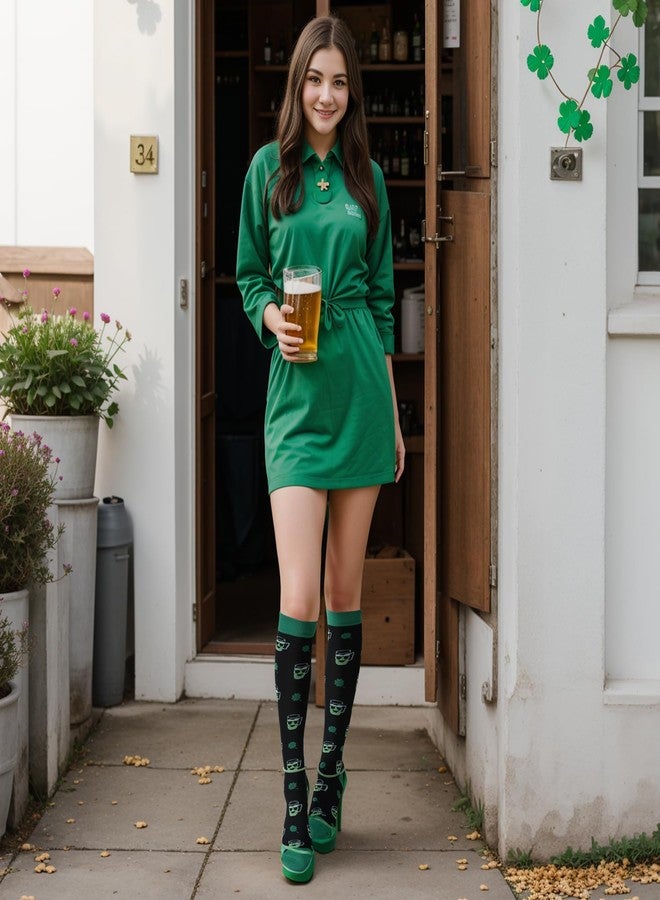 Junely St. Patrick's Day Compression Socks Shamrock Knee High Socks for Women & Men Circulation 20-30 mmHg, Cup, One size - Image 2