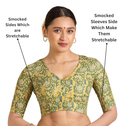 Studio Shringaar Women's Yellow Cotton Printed Side Stretch (Smocked) Readymade Saree Blouse (Yellow, 34) - Image 2