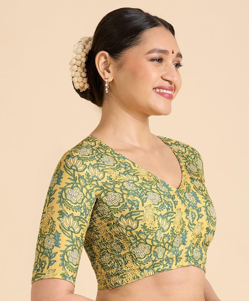 Studio Shringaar Women's Yellow Cotton Printed Side Stretch (Smocked) Readymade Saree Blouse (Yellow, 34) - Image 4