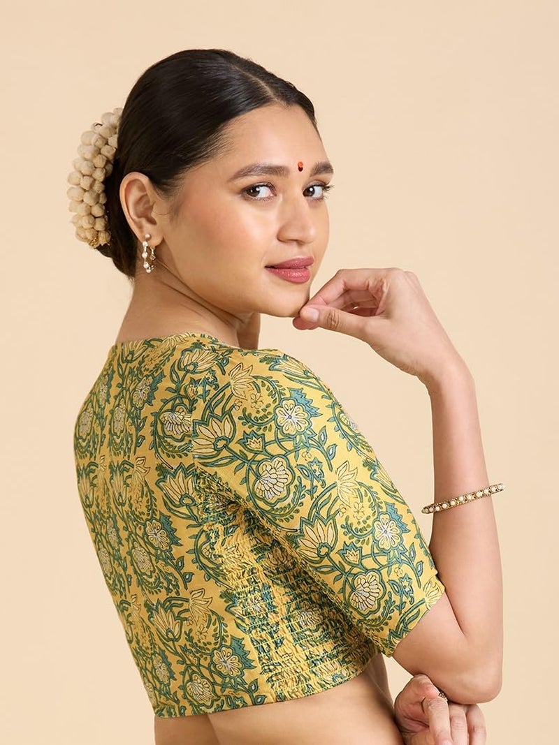 Studio Shringaar Women's Yellow Cotton Printed Side Stretch (Smocked) Readymade Saree Blouse (Yellow, 34) - Image 3