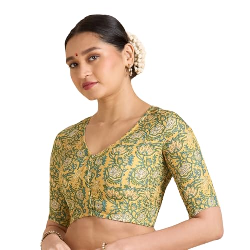 Studio Shringaar Women's Yellow Cotton Printed Side Stretch (Smocked) Readymade Saree Blouse (Yellow, 34) - Image 1