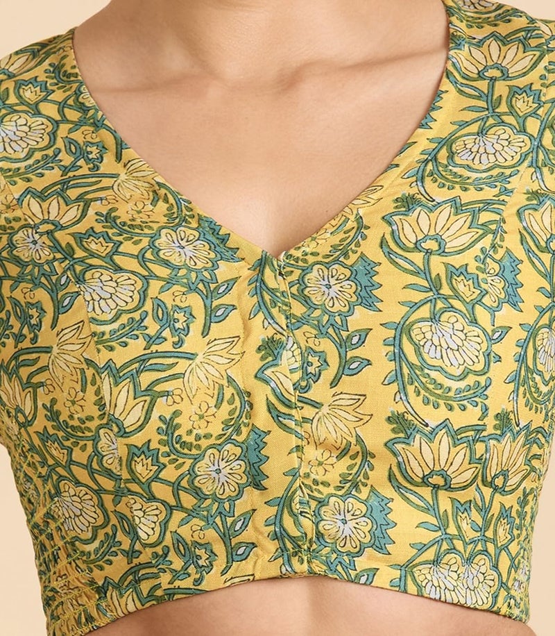 Studio Shringaar Women's Yellow Cotton Printed Side Stretch (Smocked) Readymade Saree Blouse (Yellow, 34) - Image 5