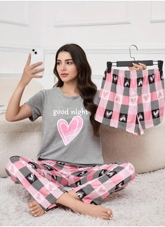 Generic womens pyjamas set Three piece - consisting of a blouse, shorts and long pants with short sleeves and a round neck - three-piece casual Pyjamas for girls with a love print - sleepwear - Pajamas for Ladies  - Image 1