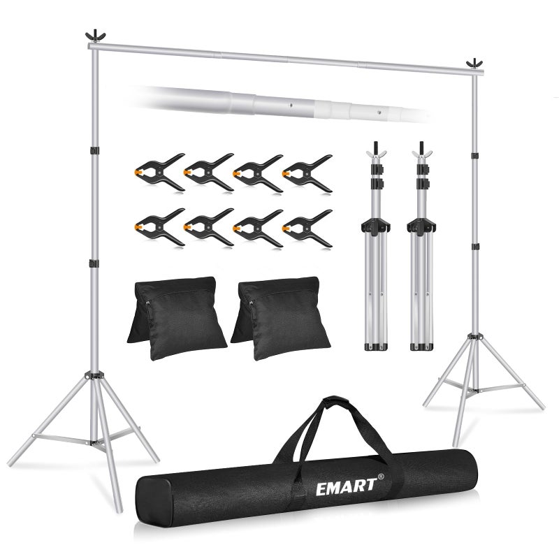 EMART Backdrop Stand 10x7ft(WxH) Photo Studio Adjustable Background Stand Support kit with 2 Crossbars, 8 Clamps, 2 Sandbags and Carry Bag for Parties, Events Decoration, Wedding, Photography -Silver - Image 1