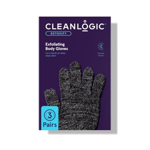 Cleanlogic Detoxify Charcoal Infused Exfoliating Glove, Stretchy Bath & Shower Gloves, Reusable Exfoliator Tool for Smooth & Softer Skin, 3 Pairs, 6 Count Value Pack - Image 1