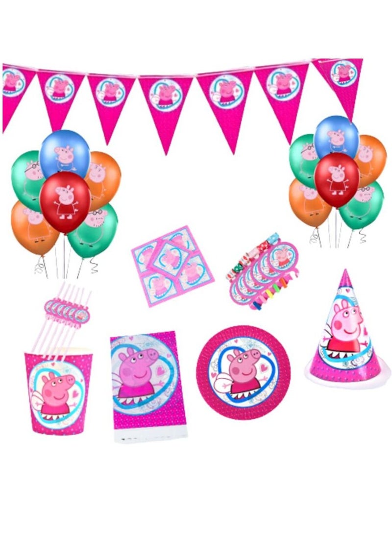 Tamona Peppa Pink Birthday Party Decoration Set, Party Favor & Tableware Set for Themed Peppa Cartoon, Ballons, Hats, Cups & More - 59 Pcs.