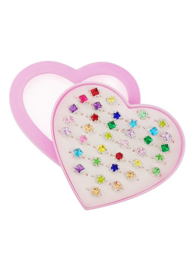SUNMALL 36 Pcs Little Girl Adjustable Rhinestone Gem Rings In Box Children Kids Jewelry Rings Set With Heart Shape Display Case Girl Pretend Play And Dress Up Rings For Kids - Image 1