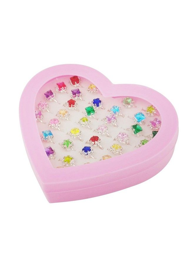 SUNMALL 36 Pcs Little Girl Adjustable Rhinestone Gem Rings In Box Children Kids Jewelry Rings Set With Heart Shape Display Case Girl Pretend Play And Dress Up Rings For Kids - Image 3