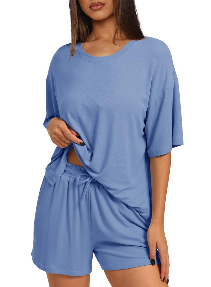Darong Pajama Sets for Women 2 Piece Short Sleeve Crew Neck Top and Shorts with Pockets Loungewear Sweatsuit Set 9121 Sea Blue S - Image 3