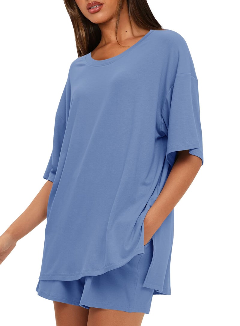 Darong Pajama Sets for Women 2 Piece Short Sleeve Crew Neck Top and Shorts with Pockets Loungewear Sweatsuit Set 9121 Sea Blue S - Image 1