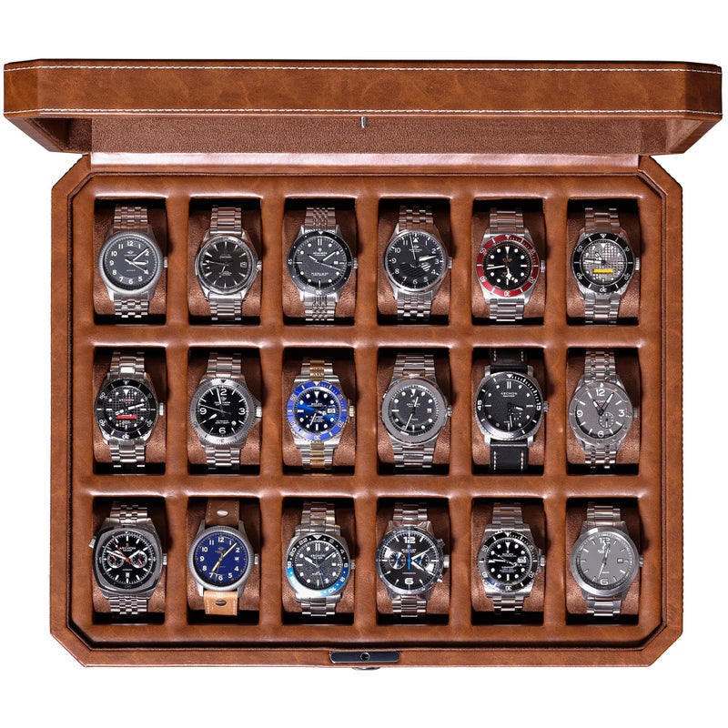 ROTHWELL 18Slot Watch Case Luxury Watch Box for Men Real Glass Top Lockable Elegant Display for Collections TanBrown