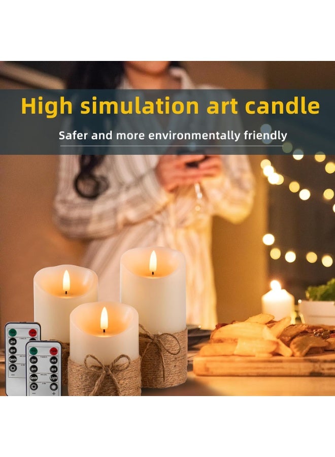 Arabest Flameless Candles Flickering with Timer, Set of 3 Battery Pillar Candles with Hemp Rope, Realistic Wax Candle Lights for Summer Party Home Table Décor - Image 4
