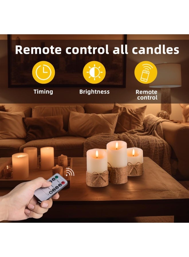 Arabest Flameless Candles Flickering with Timer, Set of 3 Battery Pillar Candles with Hemp Rope, Realistic Wax Candle Lights for Summer Party Home Table Décor - Image 3
