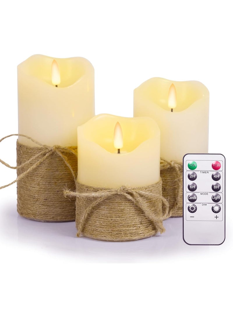 Arabest Flameless Candles Flickering with Timer, Set of 3 Battery Pillar Candles with Hemp Rope, Realistic Wax Candle Lights for Summer Party Home Table Décor - Image 1