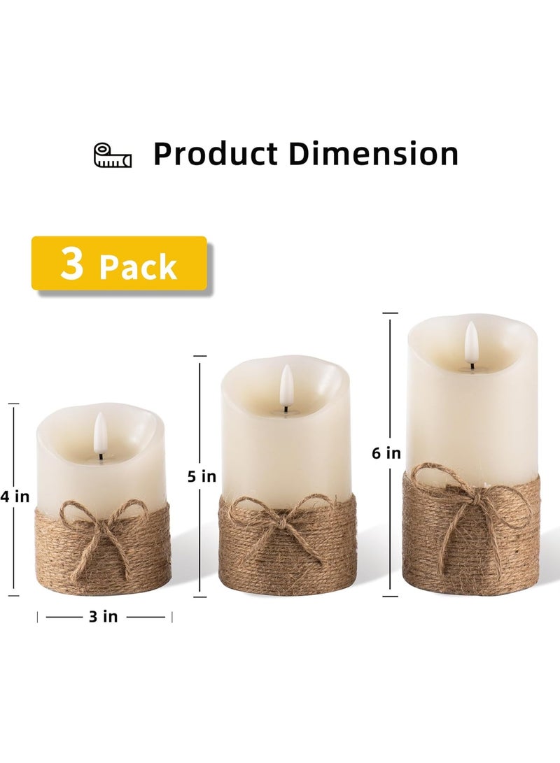 Arabest Flameless Candles Flickering with Timer, Set of 3 Battery Pillar Candles with Hemp Rope, Realistic Wax Candle Lights for Summer Party Home Table Décor - Image 2