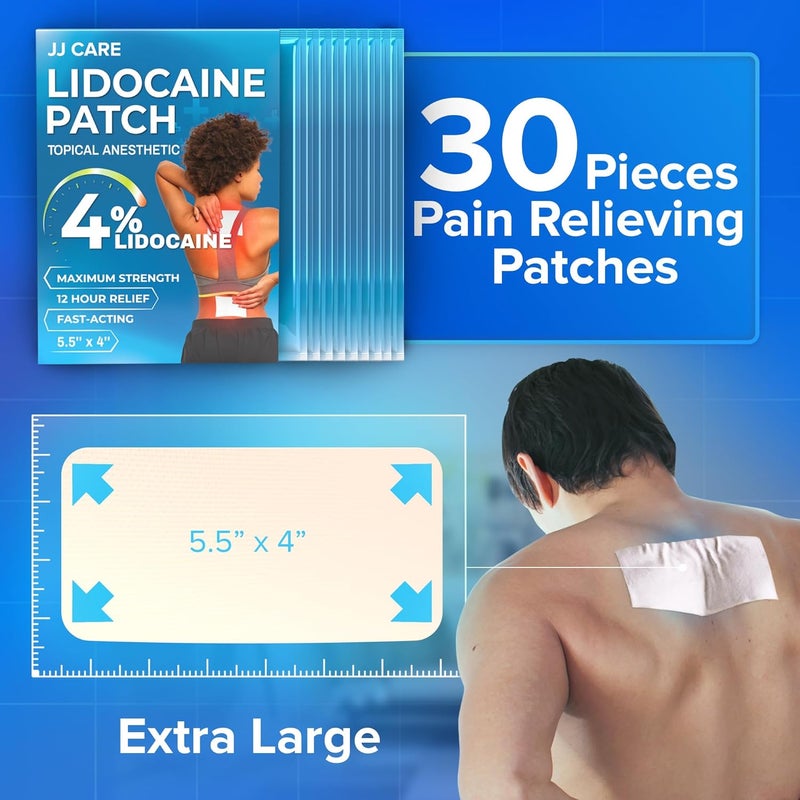 JJ CARE لصقات ليدوكائين من JJ CARE عبوة 30 4 × 55 ليدوكائين 4 أقصى قوة لتخفيف آلام الظهر السريعة من آلام الظهر والرقبة والكتف وآلام العضلات - Image 5