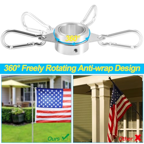 BONWIN Flag Pole Rings, 1" Spinning Flagpole Ring Clips, 2 Pcs Aluminum Alloy & Steel 360° Rotating Anti Wrap Flag Mounting Rings with Snap Carabiners for 0.75-1.02 Inch Diamete Flagpole (Φ1, Silver) - Image 3