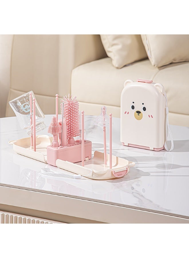 Little gorilla Portable Baby Bottle Brush Set - 7 in 1 Baby Bottle Cleaner Kit, Baby Travel Essential Bottle Washing Kit with Silicone Bottle Brush, Nipple Brush, Straw Brush, Drying Rack for Home and Travel (Pink Bear) - Image 1