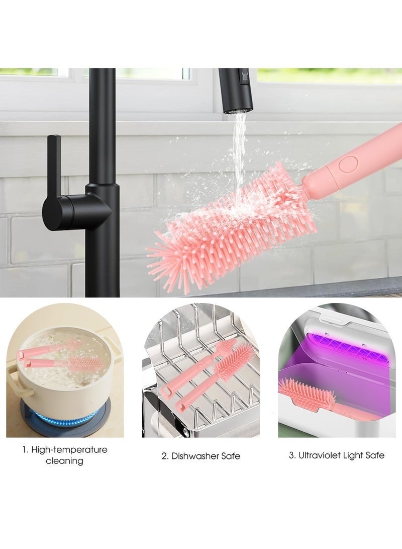 Little gorilla Portable Baby Bottle Brush Set - 7 in 1 Baby Bottle Cleaner Kit, Baby Travel Essential Bottle Washing Kit with Silicone Bottle Brush, Nipple Brush, Straw Brush, Drying Rack for Home and Travel (Pink Bear) - Image 4
