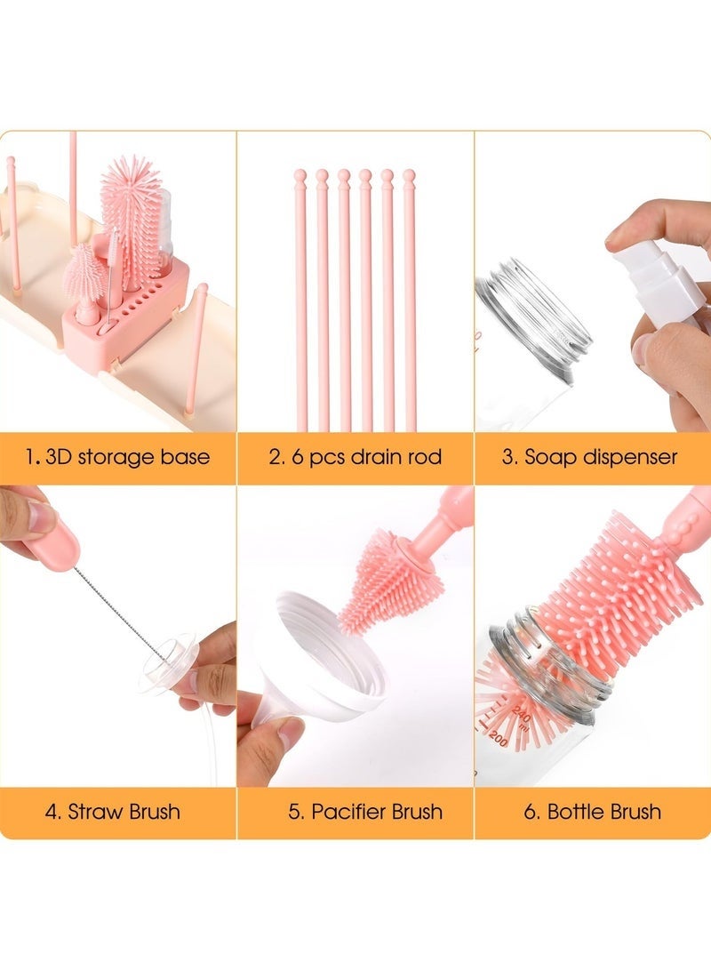 Little gorilla Portable Baby Bottle Brush Set - 7 in 1 Baby Bottle Cleaner Kit, Baby Travel Essential Bottle Washing Kit with Silicone Bottle Brush, Nipple Brush, Straw Brush, Drying Rack for Home and Travel (Pink Bear) - Image 3