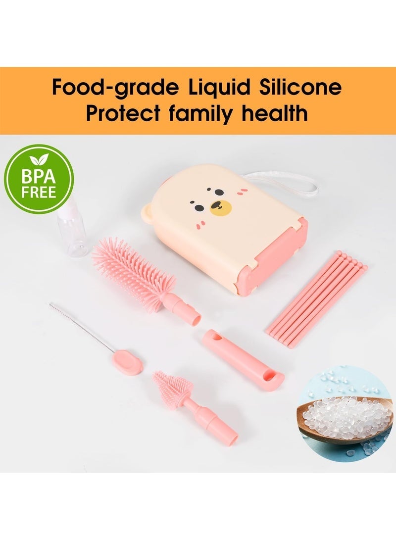 Little gorilla Portable Baby Bottle Brush Set - 7 in 1 Baby Bottle Cleaner Kit, Baby Travel Essential Bottle Washing Kit with Silicone Bottle Brush, Nipple Brush, Straw Brush, Drying Rack for Home and Travel (Pink Bear) - Image 5