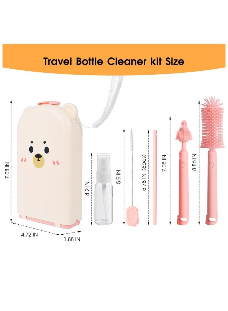 Little gorilla Portable Baby Bottle Brush Set - 7 in 1 Baby Bottle Cleaner Kit, Baby Travel Essential Bottle Washing Kit with Silicone Bottle Brush, Nipple Brush, Straw Brush, Drying Rack for Home and Travel (Pink Bear) - Image 2