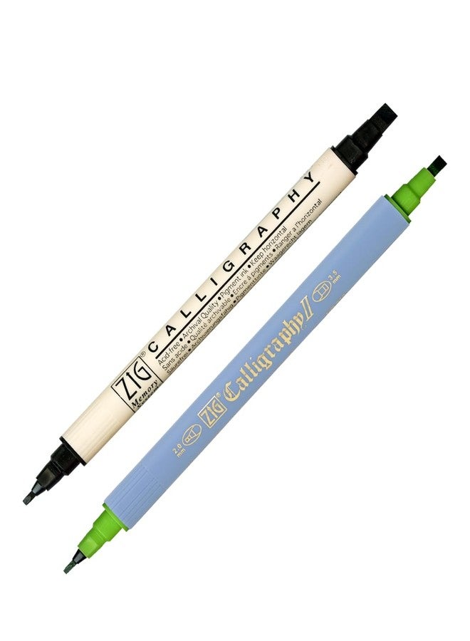 زيج مجموعة أقلام زيج للخط العربي، تتضمن قلمين: TC-3100 أخضر فاتح (2.0 مم و3.5 مم) وMS-3400 أسود نقي (2.0 مم و5 مم) | أقلام كتابة برأسين للخط العربي، وتدوين اليوميات، وصناعة البطاقات | صنع في اليابان - Image 1