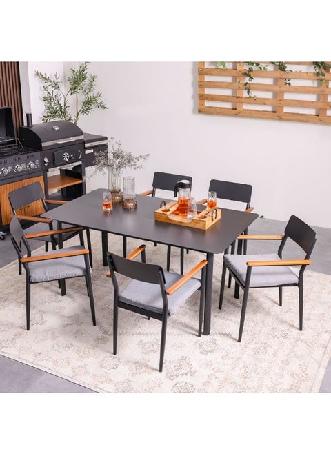 Sylas 1 + 6-Seater Dining Set 7-Piece Dining Set | Sturdy Kitchen Dining Table with 6 Dining Chairs | 1+6 Seater Modern Design Furniture for Home Dining Room - Cappuccino - Grey/Black
