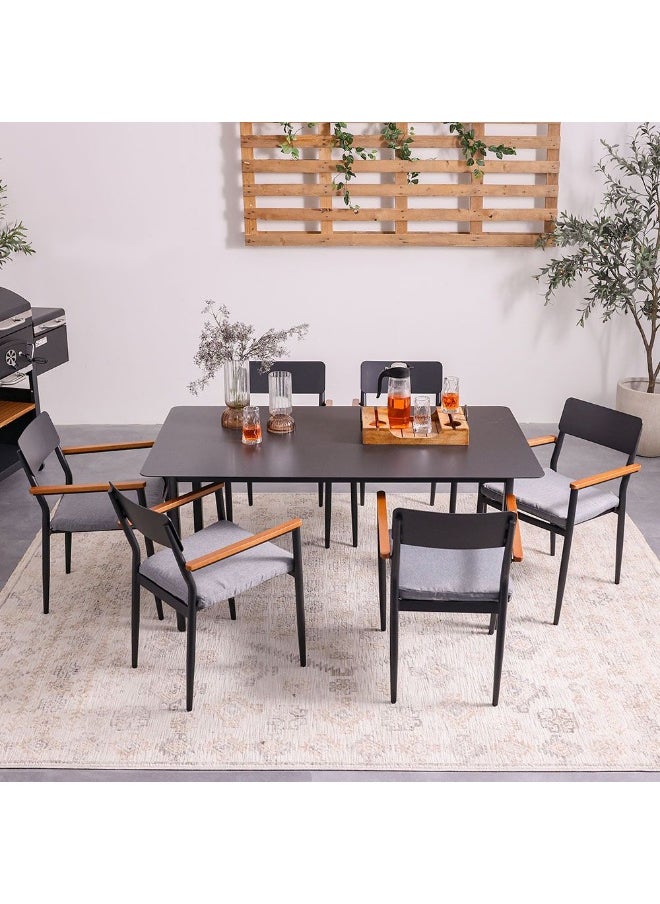 Sylas 1 + 6-Seater Dining Set 7-Piece Dining Set | Sturdy Kitchen Dining Table with 6 Dining Chairs | 1+6 Seater Modern Design Furniture for Home Dining Room - Cappuccino - Grey/Black
