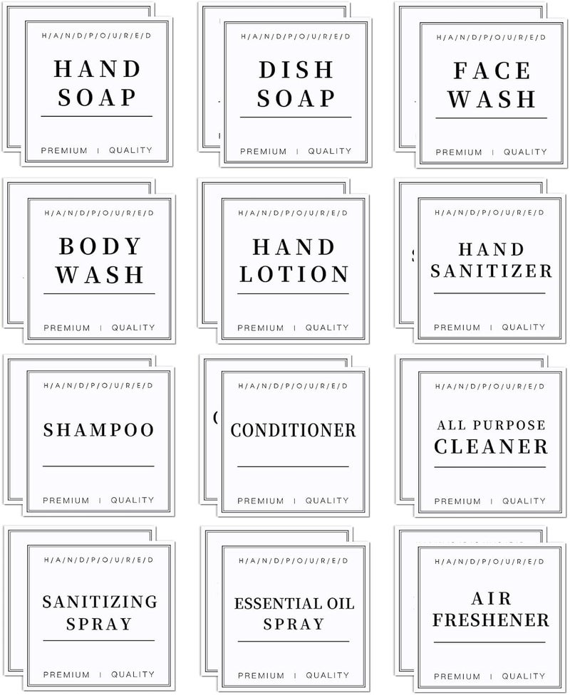TESWEY 24 PCS Waterproof Hand Soap Labels, PVC Material Shampoo Labels for Glass or Plastic Spray Bottle, Minimalist Style Shampoo and Conditioner Dispenser Label Stickers for Bathroom (White) - Image 1