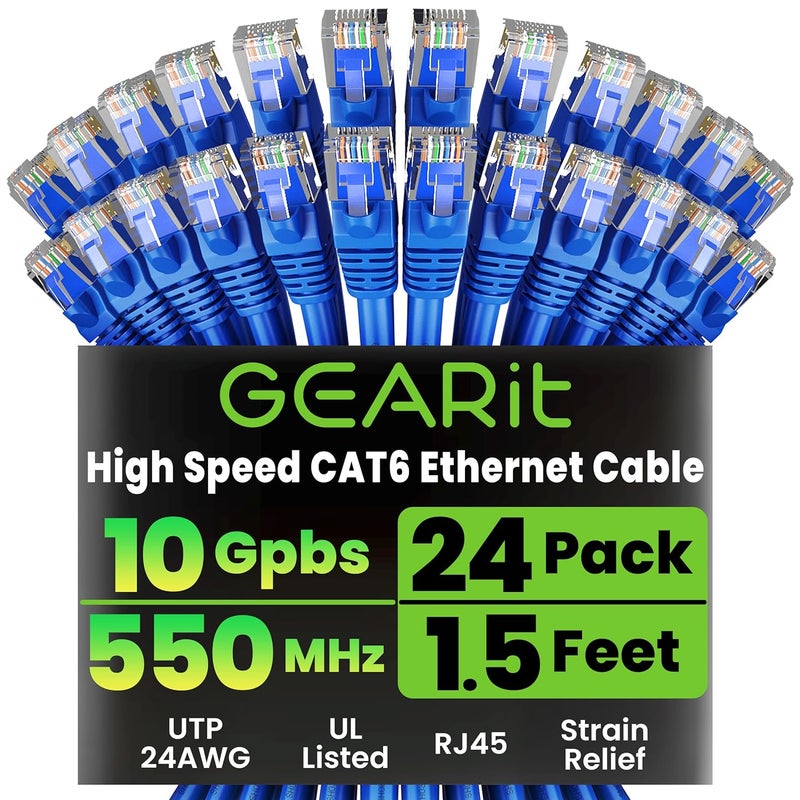 GearIT حزمة كابل إيثرنت Cat 6 - 24 كابل بطول 1.5 قدم من Cat6 | كابل شبكة RJ45، 10 جيجابت في الثانية مع موصلات مطلية بالذهب خالية من العوائق - كابل إيثرنت Cat 6 لجهاز الكمبيوتر، التلفاز، الموجه - أزرق - Image 1