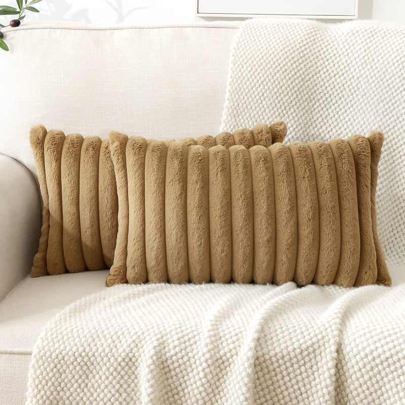 Soleebee Set of 2 Throw Pillow Covers Soft Cozy Velvet Pillowcase Faux Rabbit Fur Cover for Couch Sofa Bed Chair Home Decorative Pillows Cover (12x20 Inch  Light Brown) - Image 1
