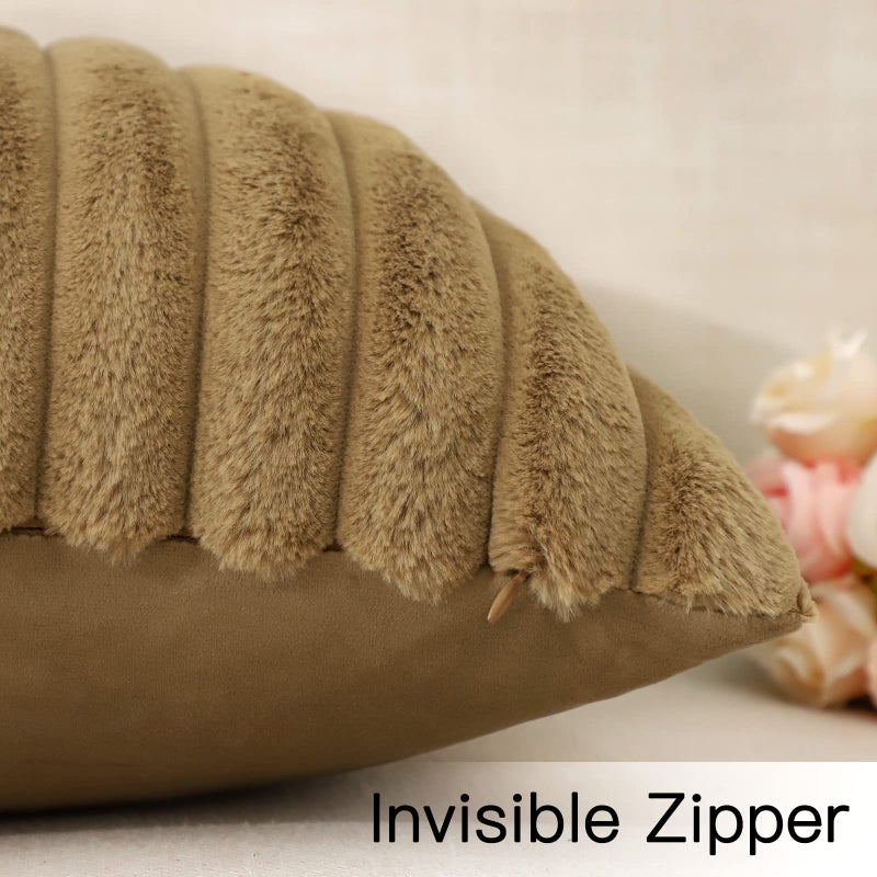 Soleebee Set of 2 Throw Pillow Covers Soft Cozy Velvet Pillowcase Faux Rabbit Fur Cover for Couch Sofa Bed Chair Home Decorative Pillows Cover (12x20 Inch  Light Brown) - Image 5