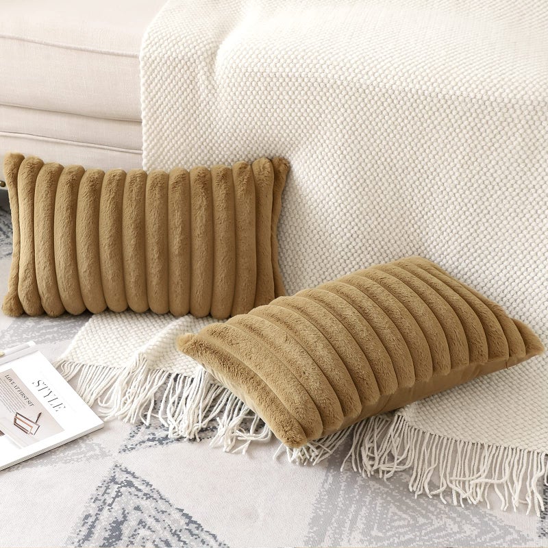 Soleebee Set of 2 Throw Pillow Covers Soft Cozy Velvet Pillowcase Faux Rabbit Fur Cover for Couch Sofa Bed Chair Home Decorative Pillows Cover (12x20 Inch  Light Brown) - Image 3