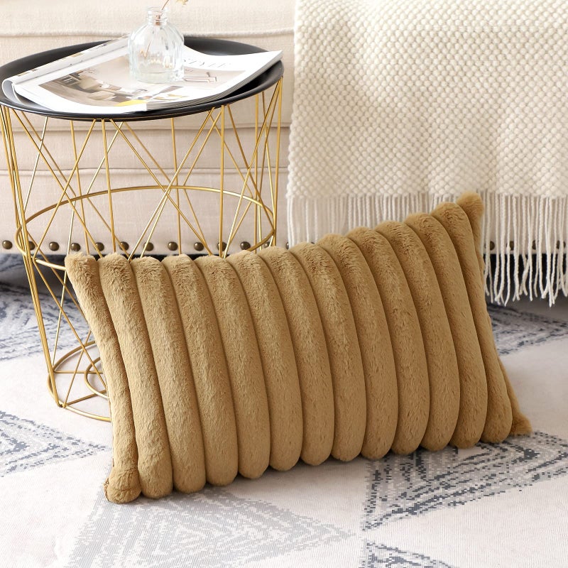 Soleebee Set of 2 Throw Pillow Covers Soft Cozy Velvet Pillowcase Faux Rabbit Fur Cover for Couch Sofa Bed Chair Home Decorative Pillows Cover (12x20 Inch  Light Brown) - Image 4