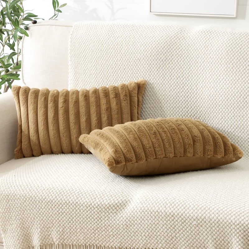 Soleebee Set of 2 Throw Pillow Covers Soft Cozy Velvet Pillowcase Faux Rabbit Fur Cover for Couch Sofa Bed Chair Home Decorative Pillows Cover (12x20 Inch  Light Brown) - Image 2