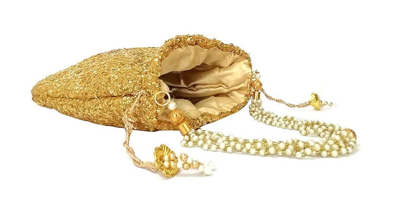 DUCHESS Women's Polti Bag with Pearl Handle and Tassel - Bridal Ethnic Traditional Casual Purse/Clutch/Handbag (20 L X 2 W X 23 H Cm, Golden) - Image 3